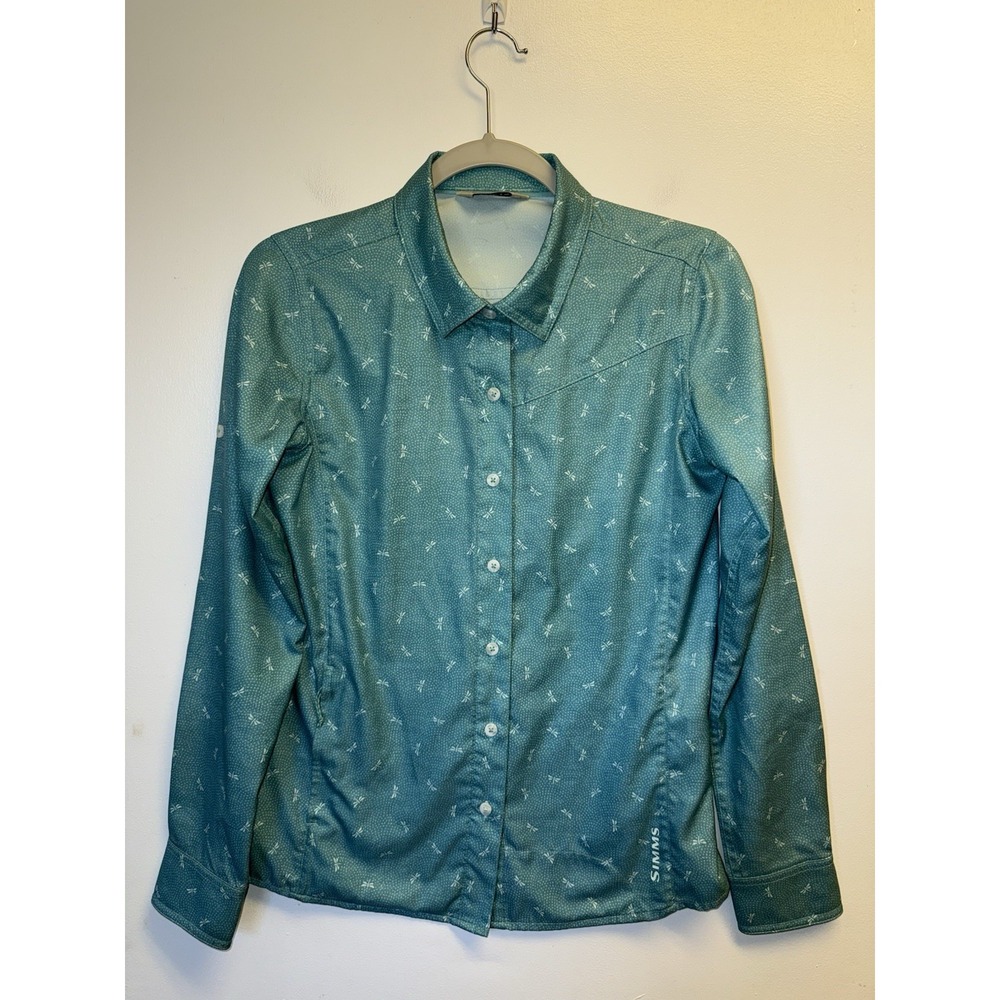 Simms  Isle Shirt Long Sleeve Lightweight Blue Teal Dragonfly Small Button Up